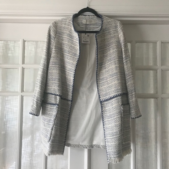 Zara Jackets & Blazers - Zara - Off White and Light Blue Tweed Coat Jacket